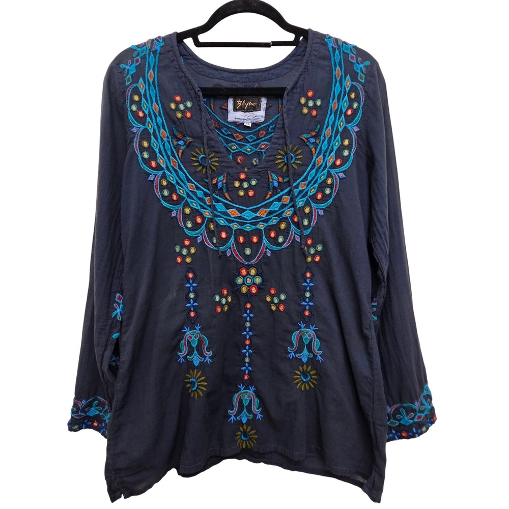 Biya Johnny Was Tunic Women XS Navy Blue Embroidered Cotton Boho Blouse Top